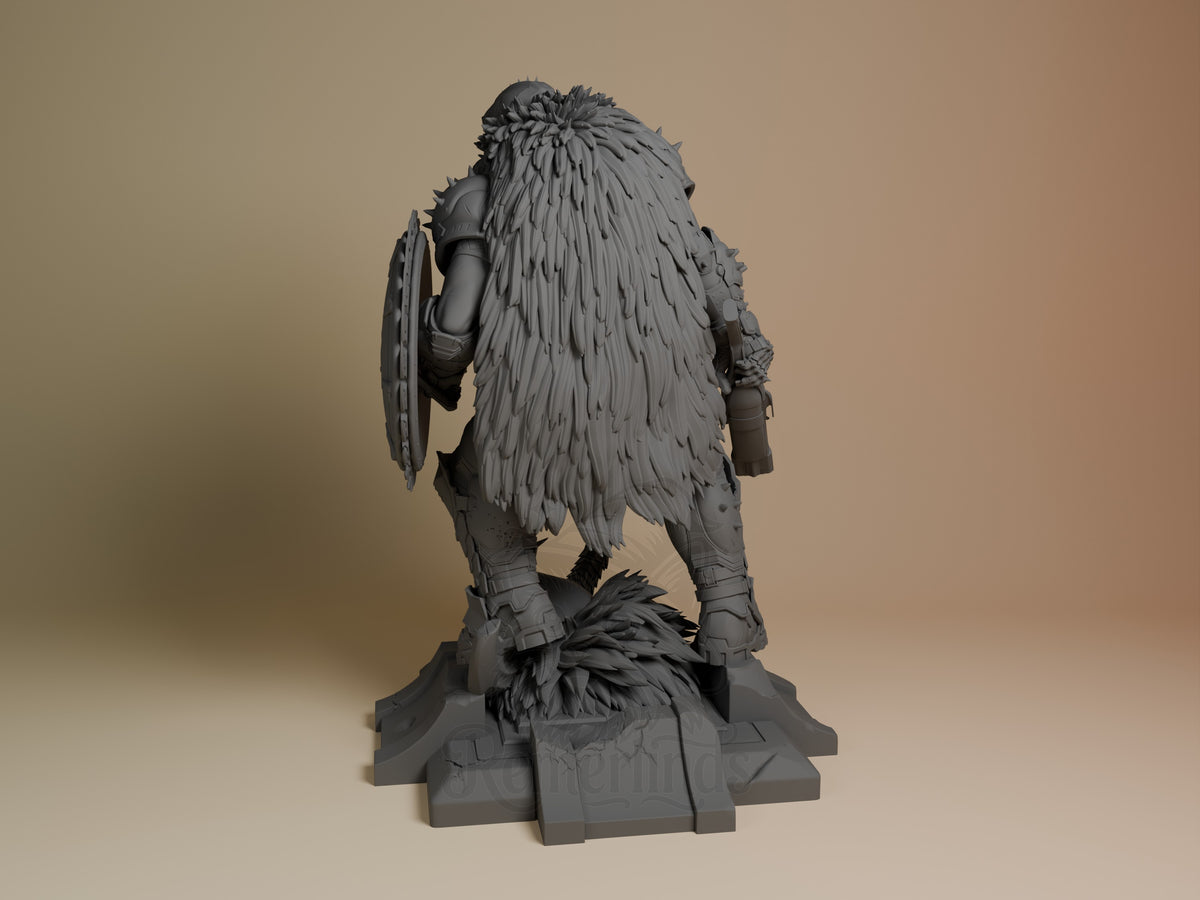 Rear view of Crimson Vanguard from Inferno Assault, an unpainted resin figure with shield, fur cloak, and sculpted base.