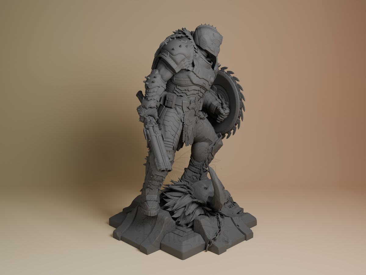 Crimson Vanguard from Inferno Assault, an unpainted resin figure, stands front-right with rifle, shield, and sculpted base.