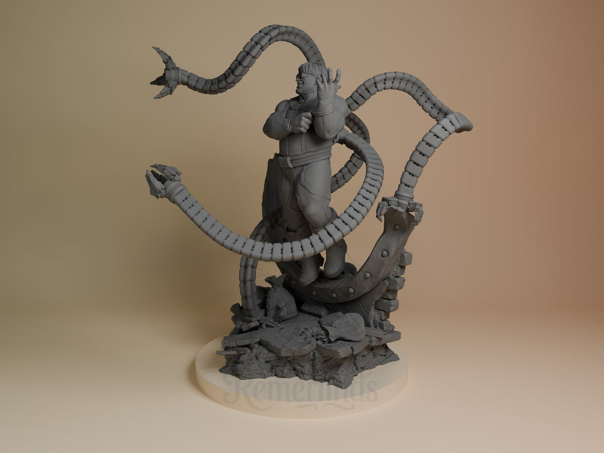 Steel Tentacle Menace resin figure from Mutant Heroes shown at angle, displaying four articulated tentacles and humanoid torso on rocky base.