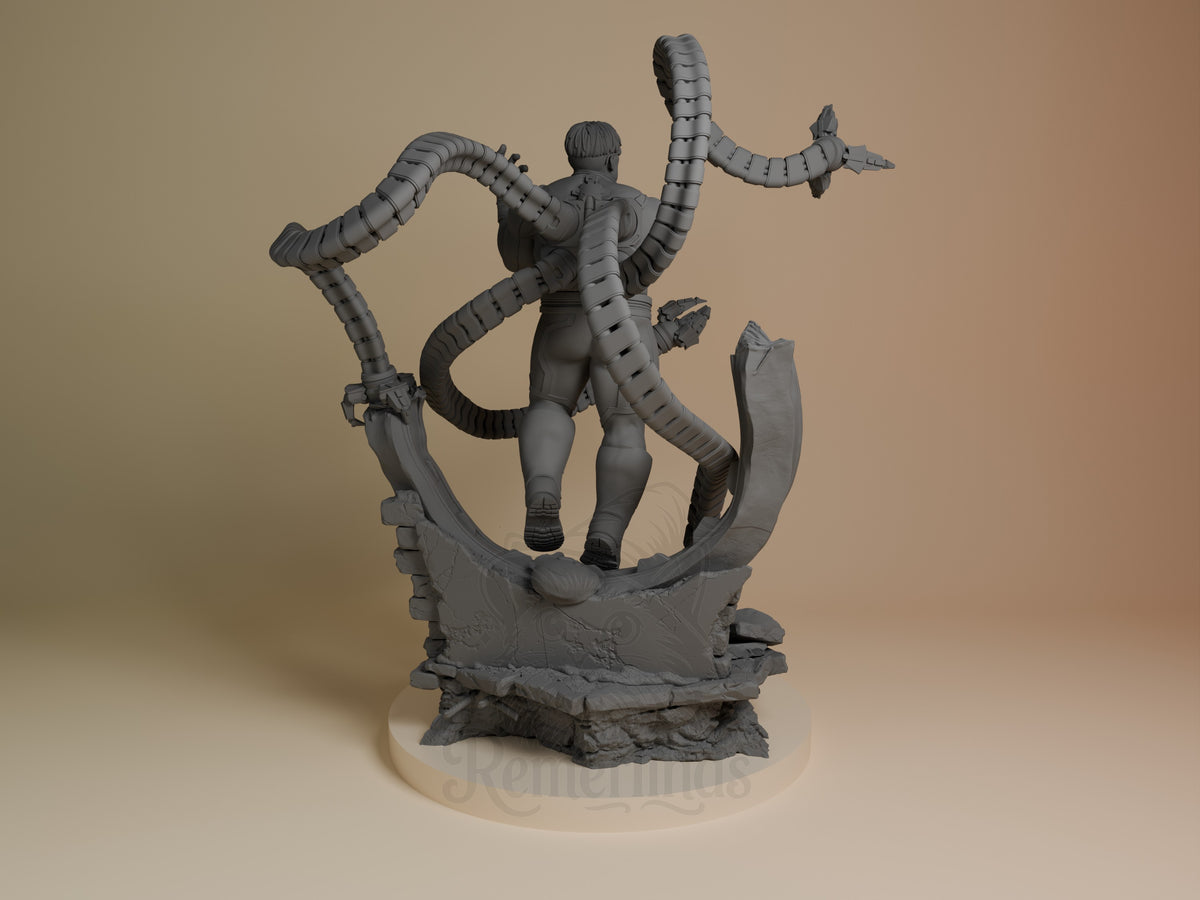 Steel Tentacle Menace resin figure from Mutant Heroes shown from back, unpainted gray with multiple articulated tentacles raised, standing on textured base.
