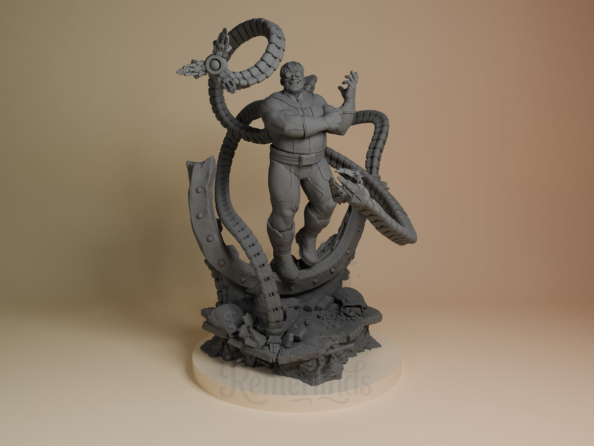 Steel Tentacle Menace resin figure from Mutant Heroes, unpainted grey, posed dynamically with four articulated tentacles, front view on textured base.