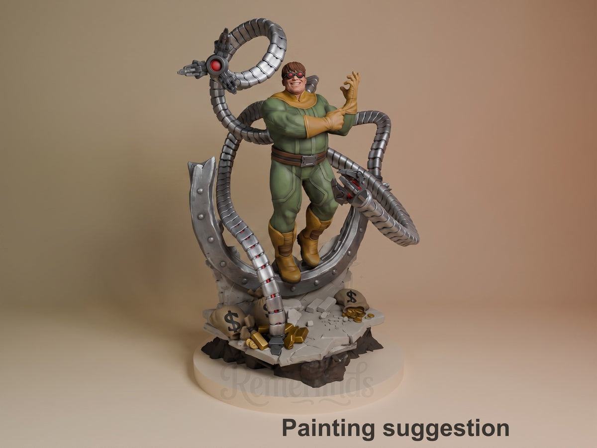Steel Tentacle Menace resin figure from Mutant Heroes shown painted in green suit with mechanical silver tentacles on rocky base with gold coins.