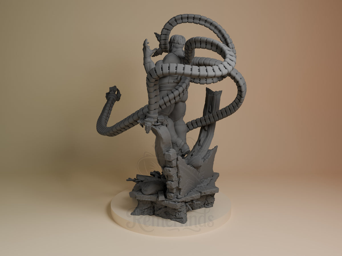 Steel Tentacle Menace resin figure from Mutant Heroes shown from left side angle, unpainted gray with multiple articulated tentacles, standing on textured base.