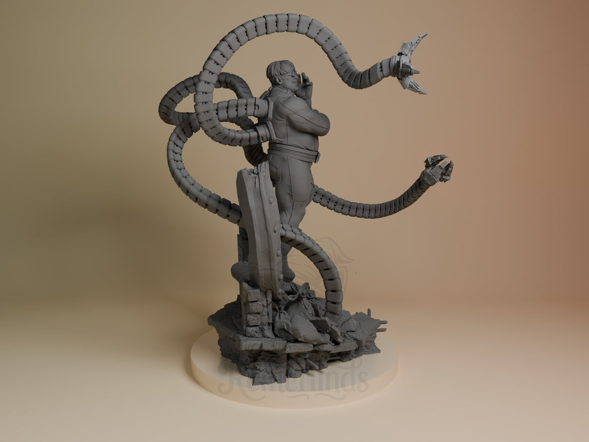 Steel Tentacle Menace resin figure from Mutant Heroes shown from right angle, unpainted gray with multiple articulated tentacles extended, standing on rocky base.