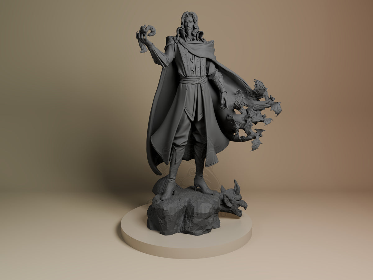 Blood Sovereign Fortressmania 3D printed resin figure by Nomnom, unpainted front view. The miniature depicts a regal vampire figure standing confidently on a rocky base featuring a gargoyle head. The character's cape dynamically transitions into bats flying outward, emphasizing a supernatural aura, while the raised arm adds a commanding and mystical gesture. The detailed attire and flowing hair enhance the elegant yet ominous presence of the Blood Sovereign figure.