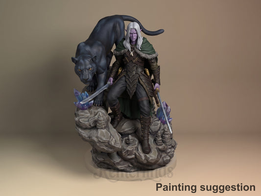 Painted Drizzt Do Urden from Baldur's Gate resin figure stands with two swords beside a panther on a rocky base.