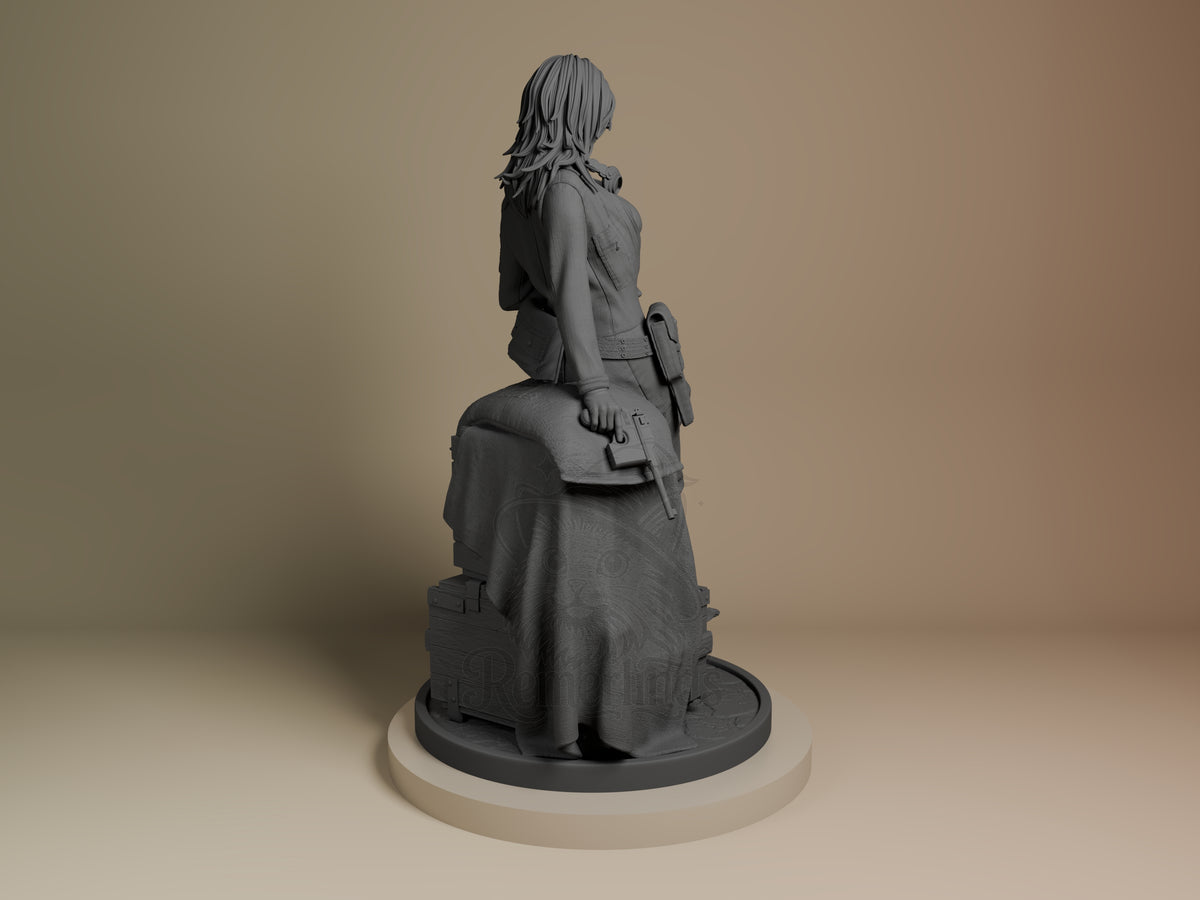EVA from Metal Gear resin figure shown from behind, seated pose on circular base, unpainted gray resin detail.