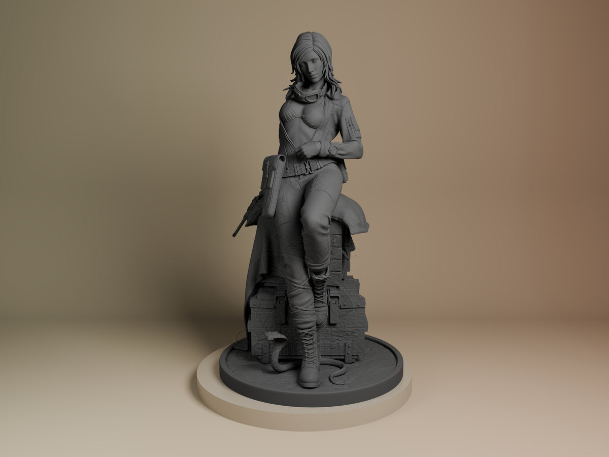 EVA from Metal Gear Solid resin figure shown from front, seated on detailed base, unpainted gray resin with long hair and tactical outfit.