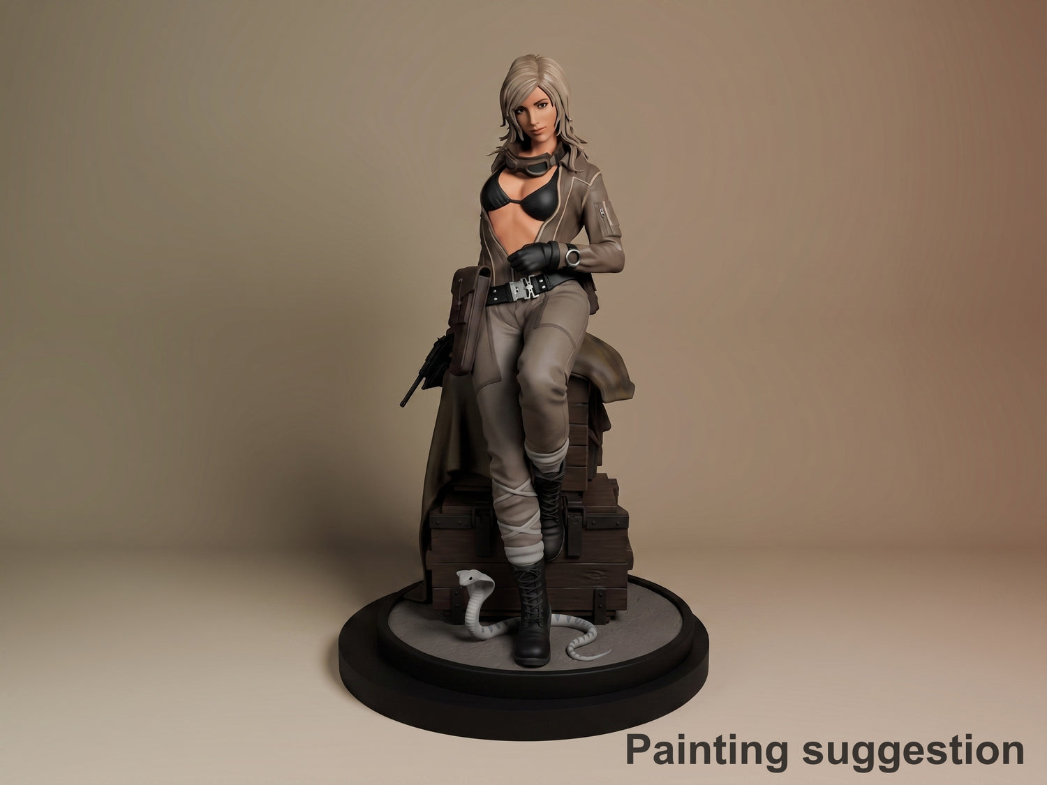 EVA from Metal Gear Solid resin figure, seated pose on brown base, painted in tan and black outfit with weapons, front three-quarter view.