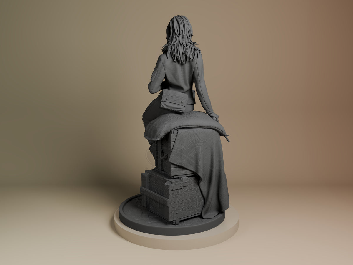 EVA resin figure from Metal Gear shown from behind, seated on stacked books, unpainted gray finish on cream base.
