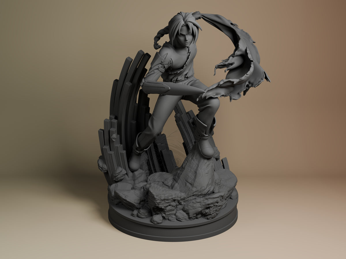 Front view of unpainted Edward Elric resin figure from Fullmetal Alchemist, posed on a rocky base.