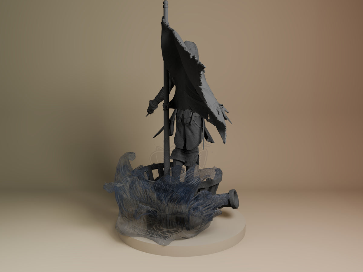 Edward Kenway resin figure from Assassin's Creed shown from back, standing on driftwood base with flag raised, unpainted gray detail.
