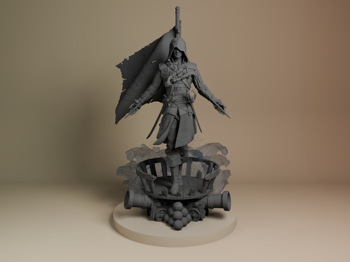 Edward Kenway resin figure from Assassin's Creed shown from front angle, standing on pirate ship base with dual swords and wing-like cape, unpainted gray finish.