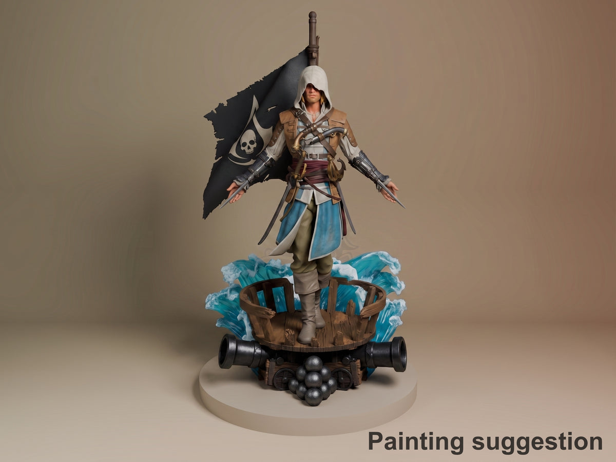 Edward Kenway resin figure painted in tan and blue, holding dual pistols with pirate flag, standing on wooden ship base with cannon details.