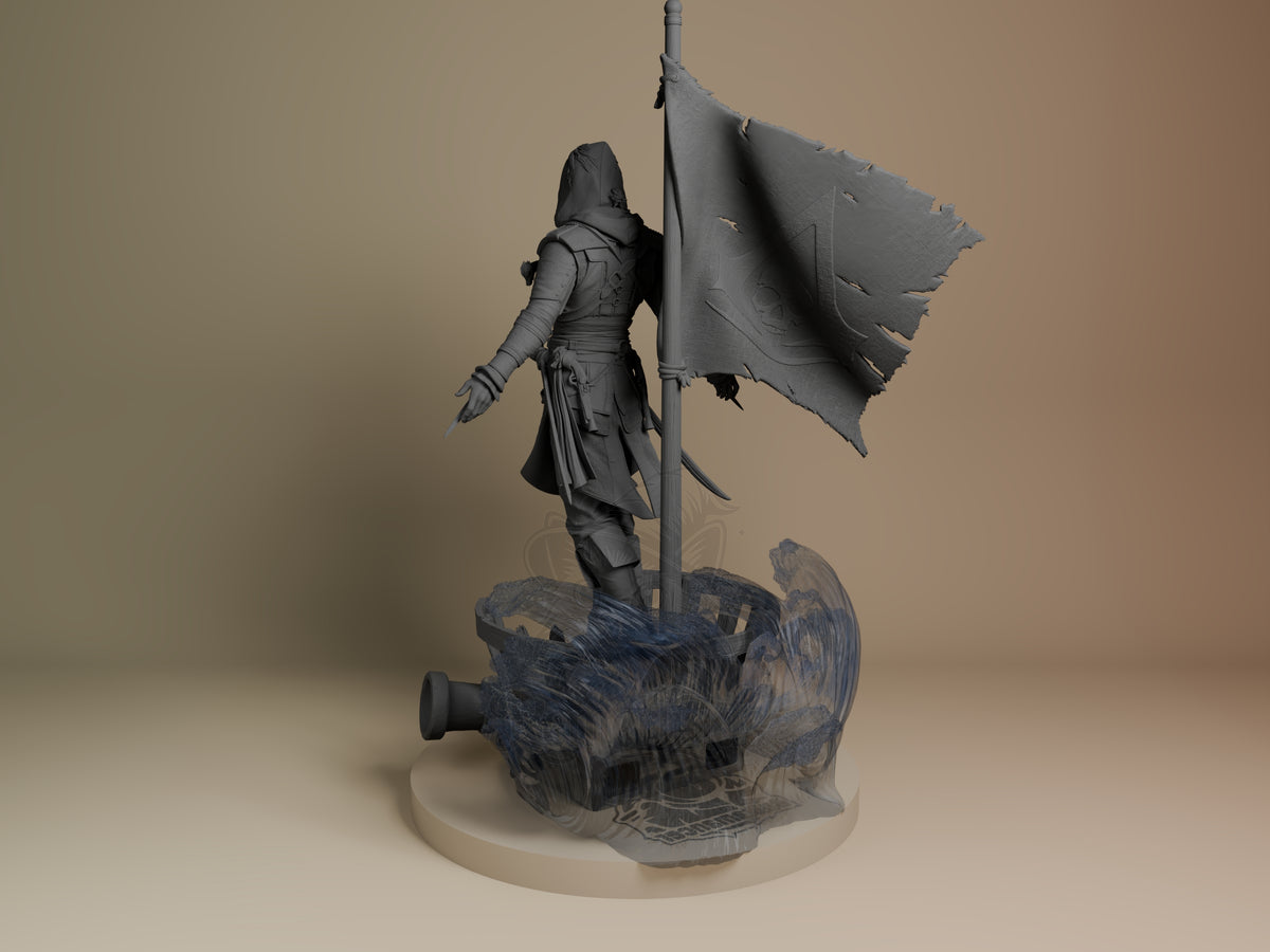 Edward Kenway 3D printed resin figure standing with tattered flag and pole, shown from left angle on textured base, unpainted gray finish.