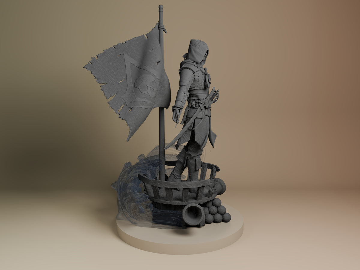 Edward Kenway resin figure standing on pirate ship base with tattered flag, viewed from right side in gray unpainted plastic.