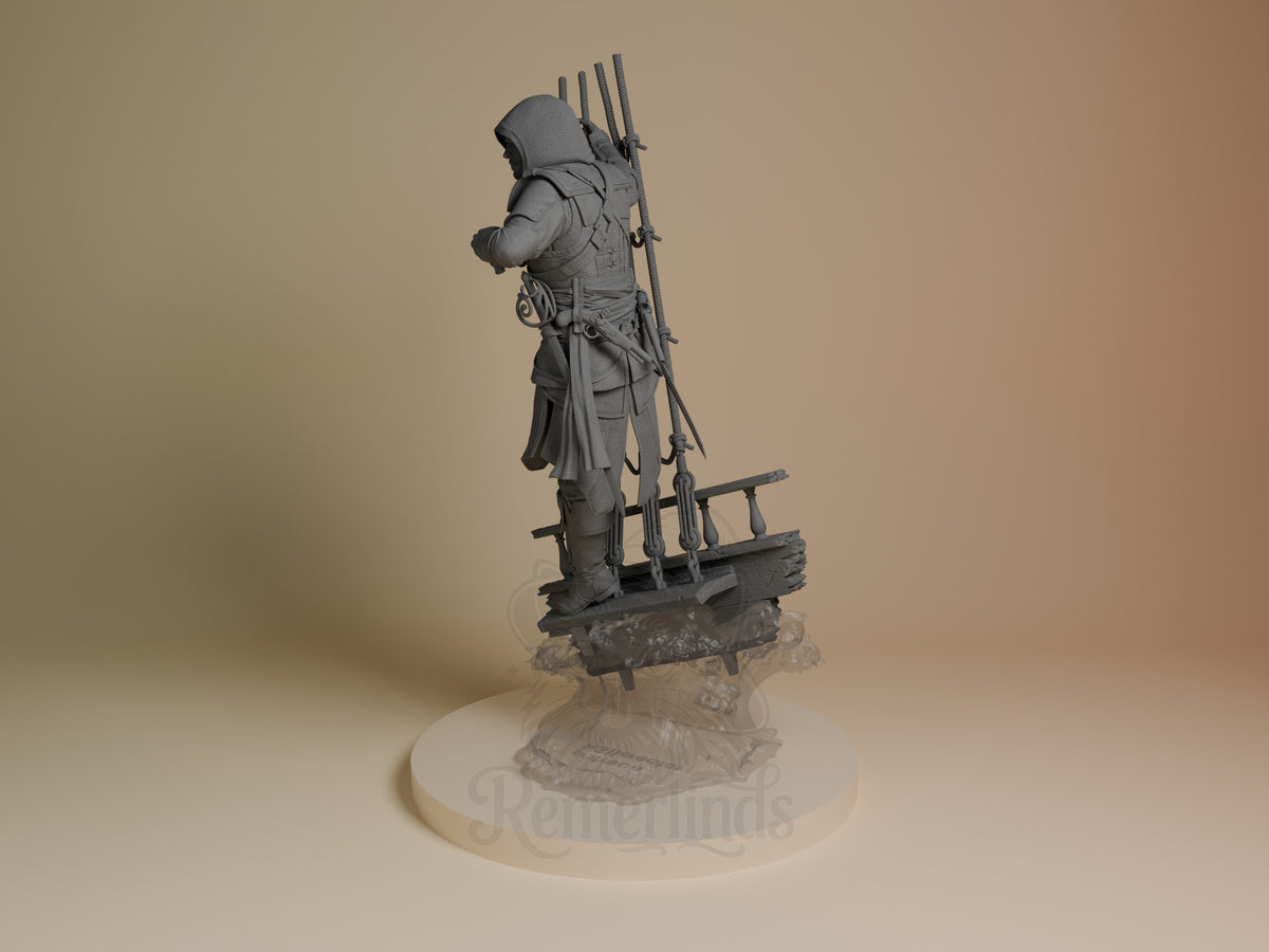 Edward Kenway from Assassin's Creed is an unpainted resin figure viewed from behind on a shipwreck base.