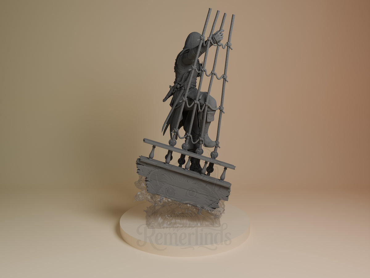 Unpainted resin figure, rear view: Edward Kenway from Assassin's Creed on rigging above a shipwreck base.