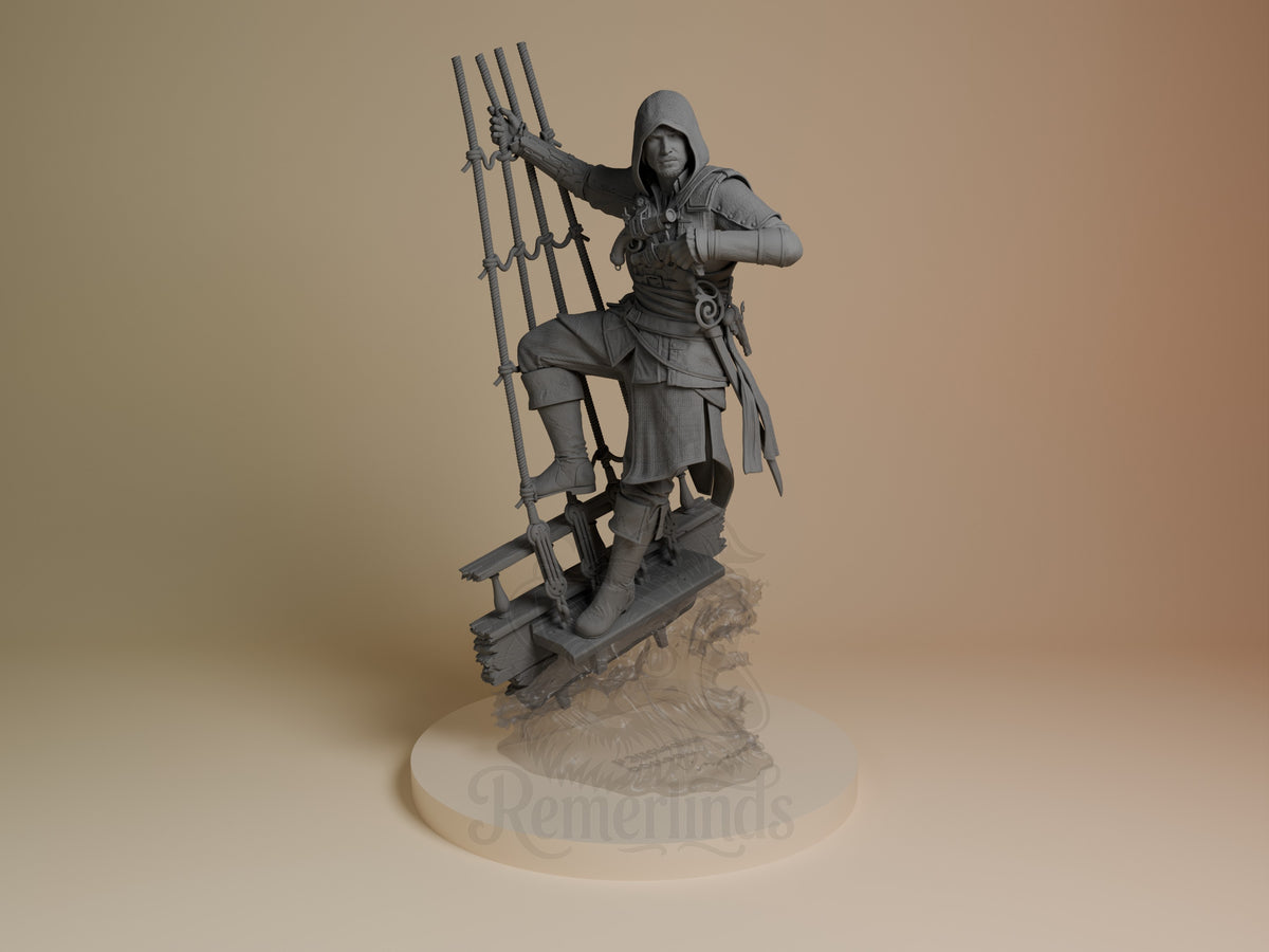 Edward Kenway from Assassin's Creed is a front-facing unpainted resin figure with one knee raised on a ship base.