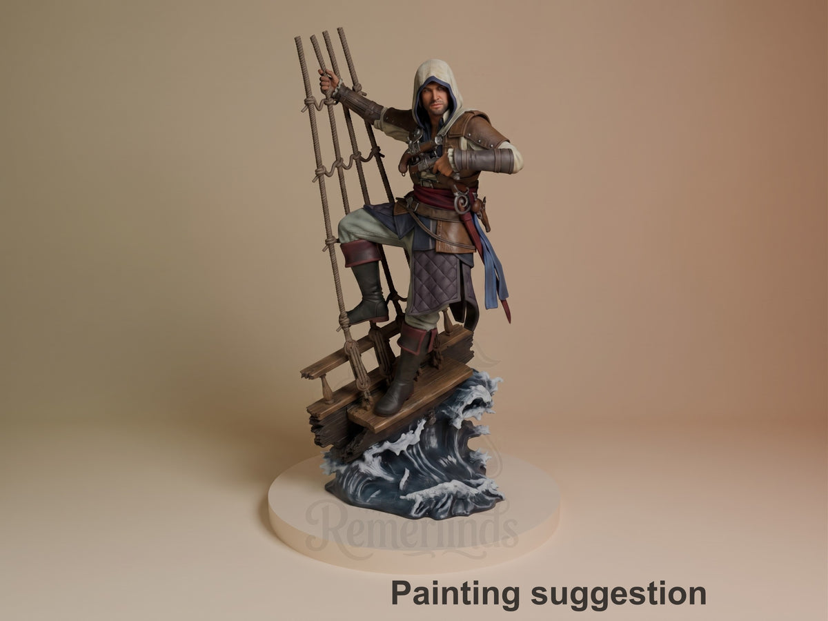 Painted Edward Kenway resin figure from Assassin's Creed stands on rigging above sculpted waves.