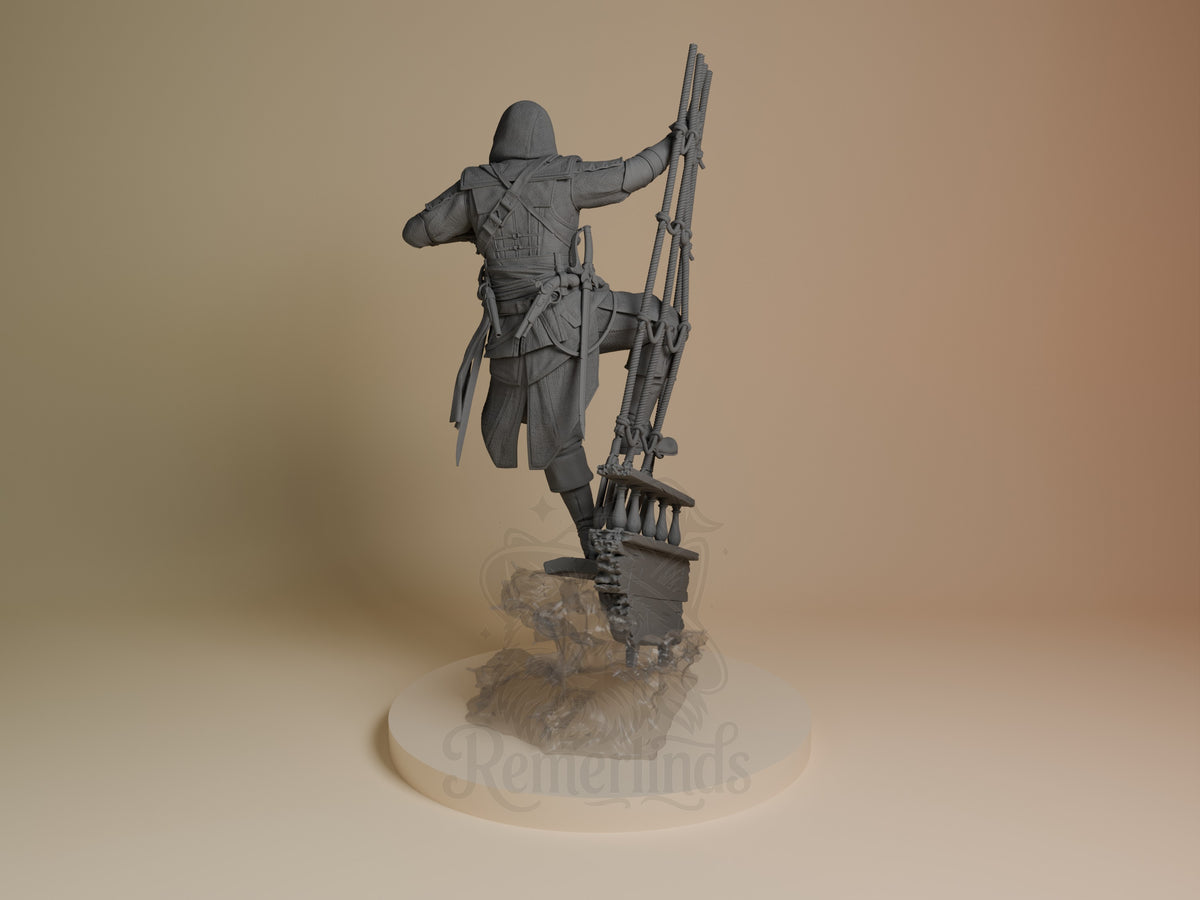 Edward Kenway from Assassin's Creed is a rear-view unpainted resin figure climbing rigging above a sculpted shipwreck base.