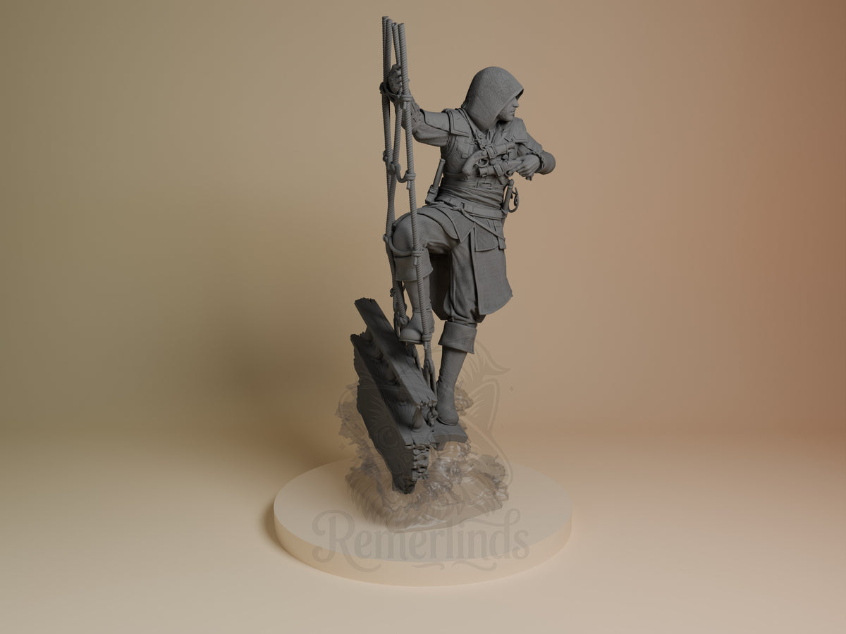 Unpainted Edward Kenway from Assassin's Creed resin figure grips rigging while standing on a sculpted shipwreck base.