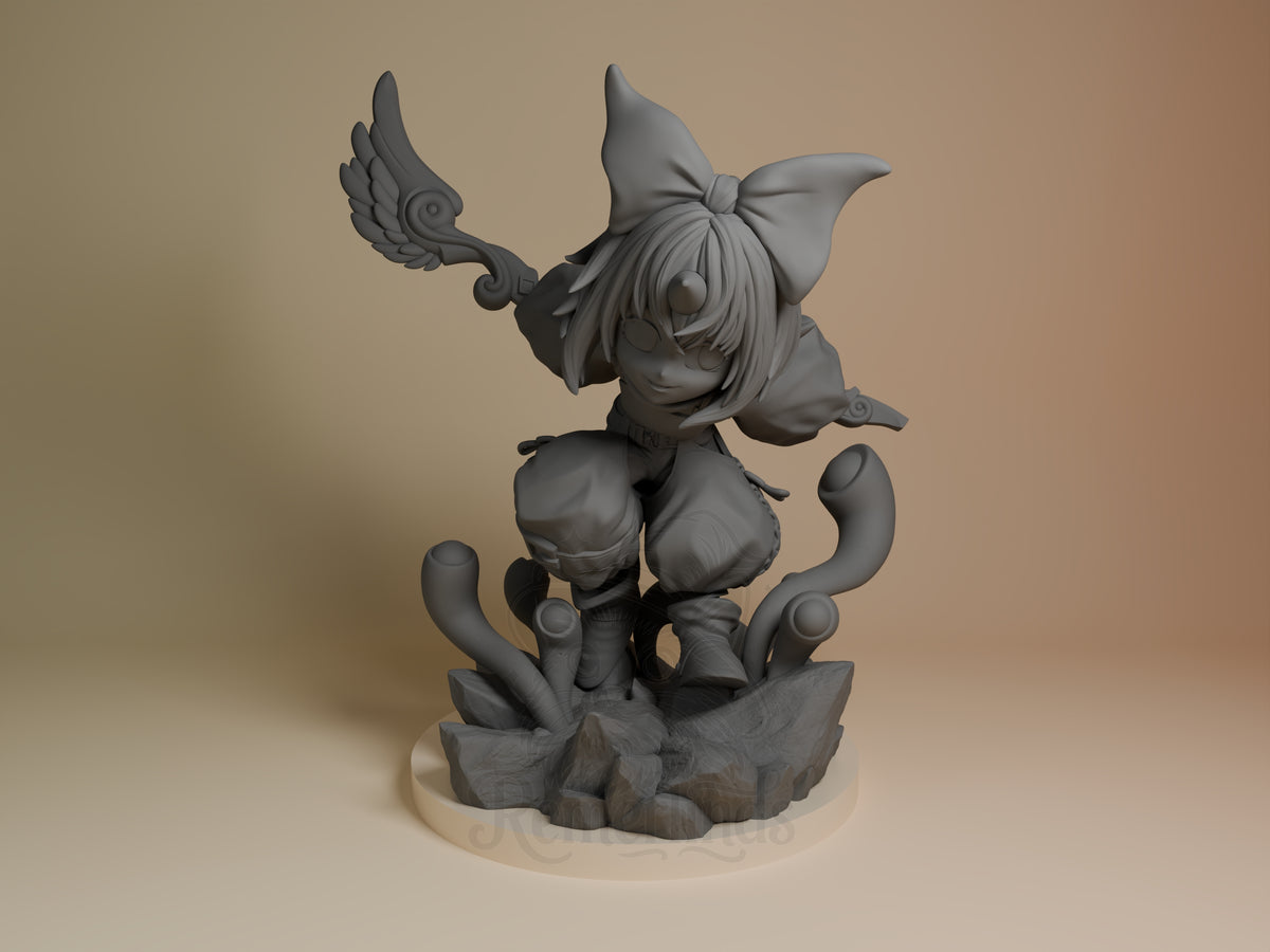 Eiko Final Fable 3D printed resin figure by Nomnom, unpainted front view. The miniature shows Eiko in a dynamic crouching pose, poised as if ready to spring into action. She holds a winged staff in one hand, complemented by a large bow on her head and loose clothing details that suggest movement. The base includes intricate swirling tentacle-like elements and rocks, adding to the overall dynamic and mystical composition.