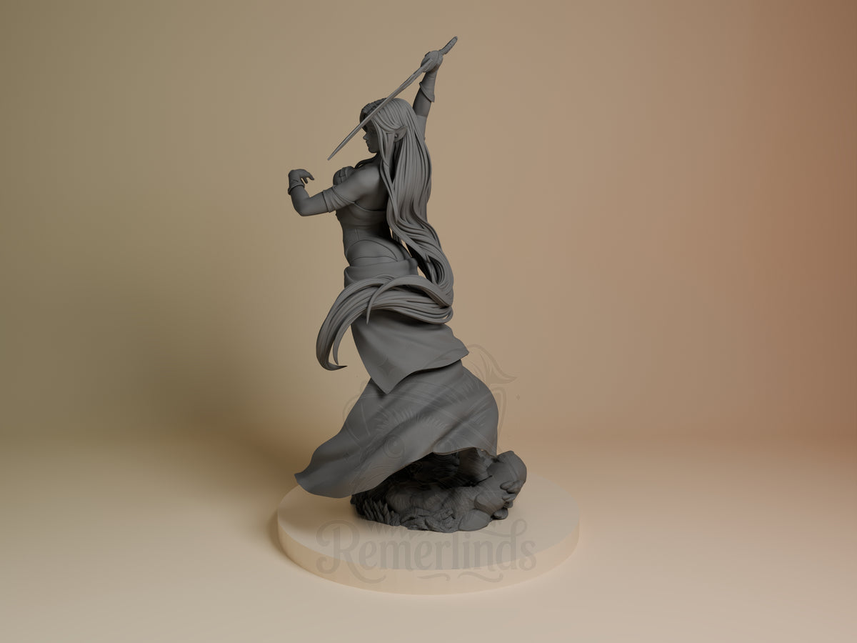 Eilistraee Forgotten  Realms 3D printed resin figure by Bulkamancer, angled view showing dimensional detail.