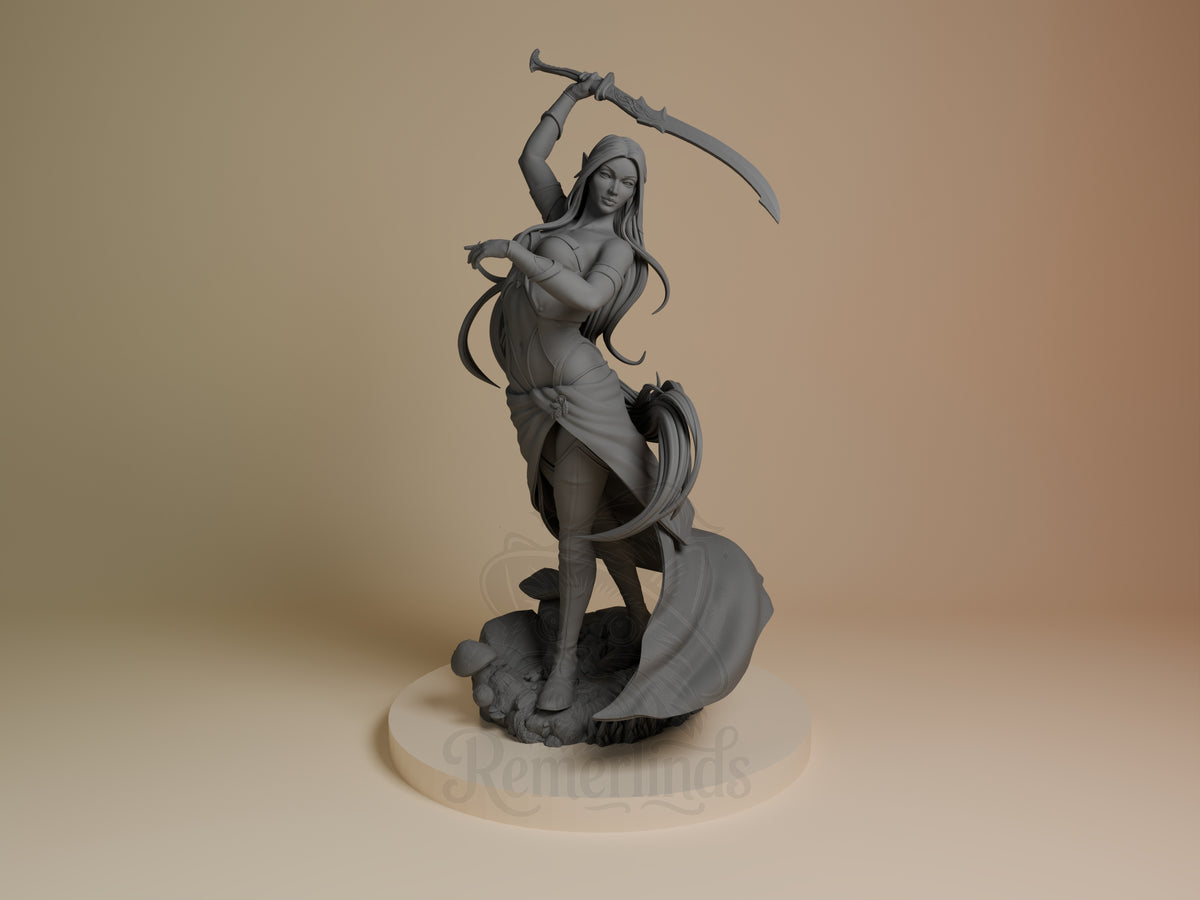 Eilistraee Forgotten  Realms 3D printed resin figure by Bulkamancer, unpainted front view.