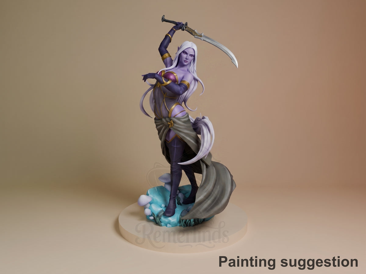 Eilistraee Forgotten  Realms 3D printed resin figure by Bulkamancer, painted sample showing a suggested color scheme view.