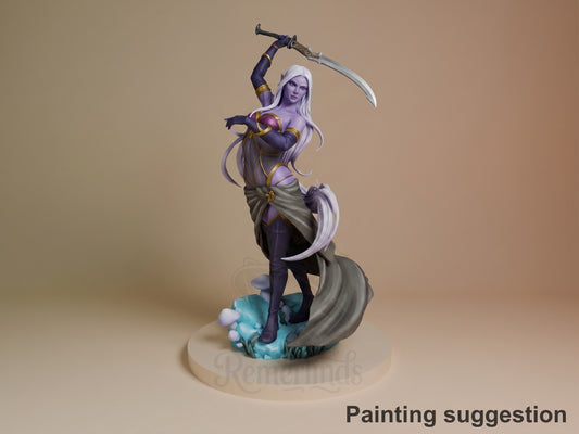 Eilistraee resin figure from Forgotten Realms in dynamic pose wielding curved sword, purple skin with white hair, gray fabric draping, painted on turquoise base.