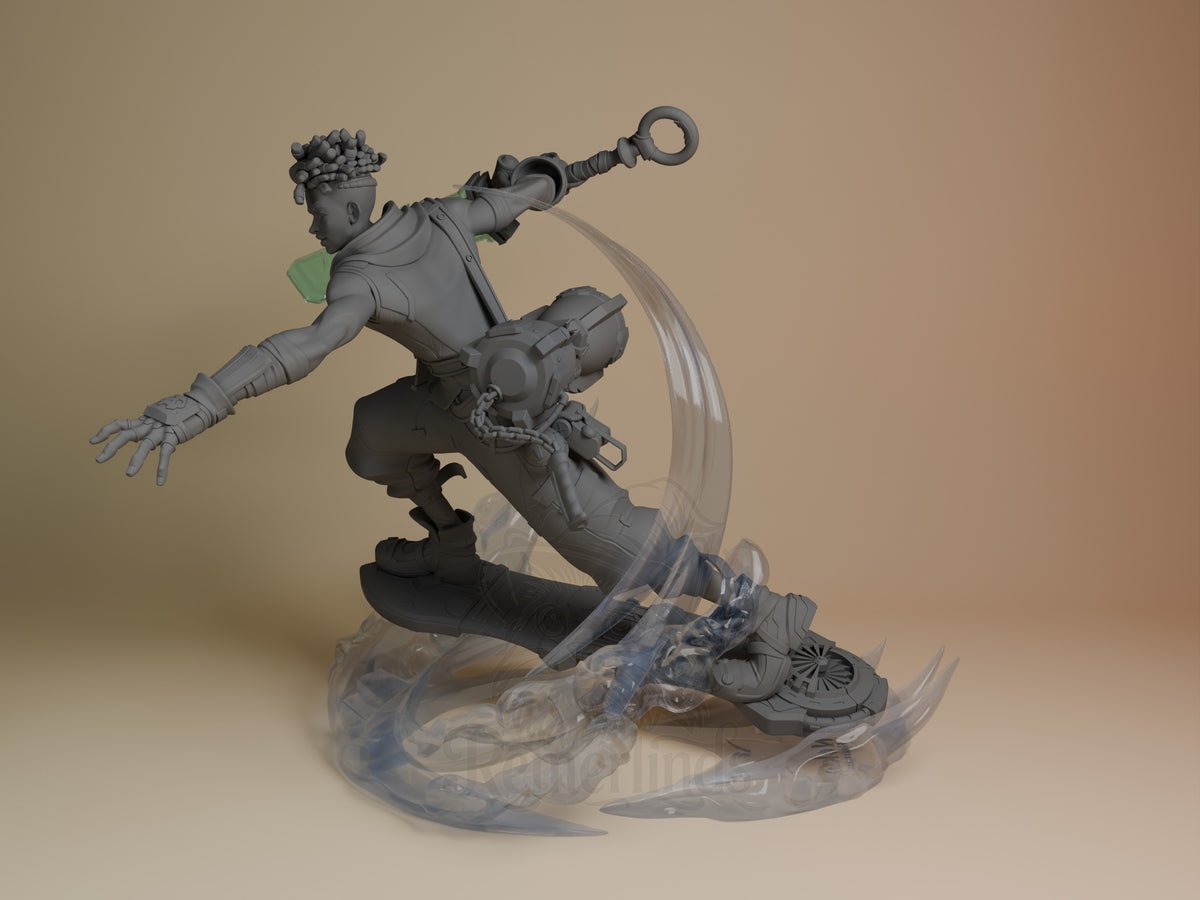 Ekko from League of Legends crouches in side angle with weapon raised as an unpainted resin figure on a sculpted base.