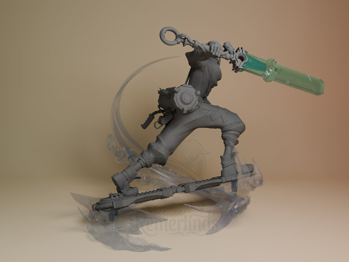 Ekko from League of Legends, back view, is an unpainted resin figure leaping on a sculpted base.