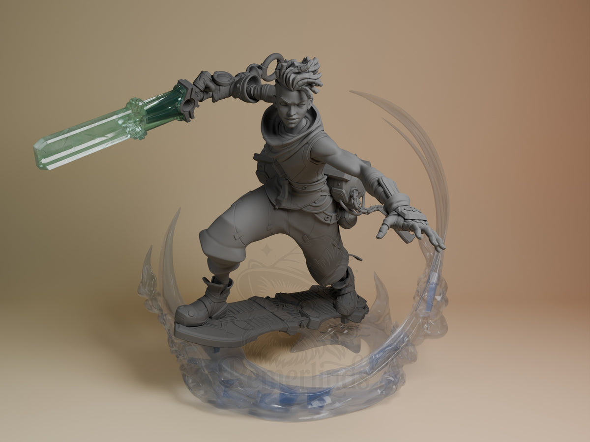 Front view shows unpainted Ekko from League of Legends, a resin figure lunging with blade and effects on a sculpted base.