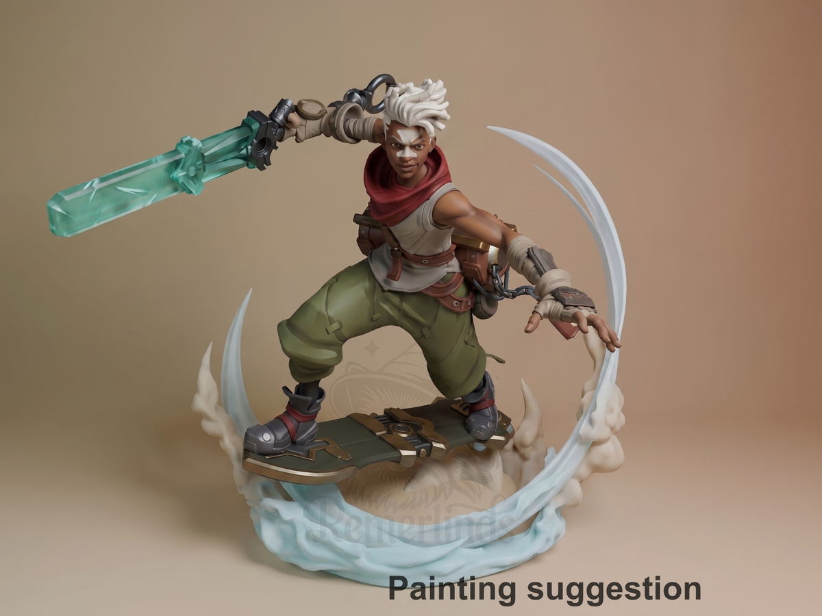 Painted Ekko from League of Legends resin figure lunges with a giant weapon on a sculpted base.