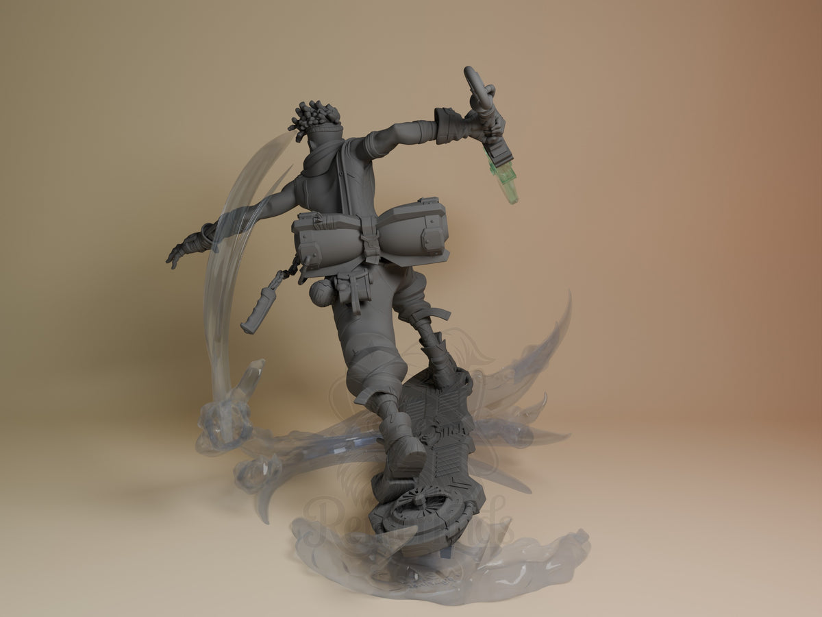 Ekko from League of Legends is shown from the left as an unpainted resin figure, arms extended over a sculpted base.
