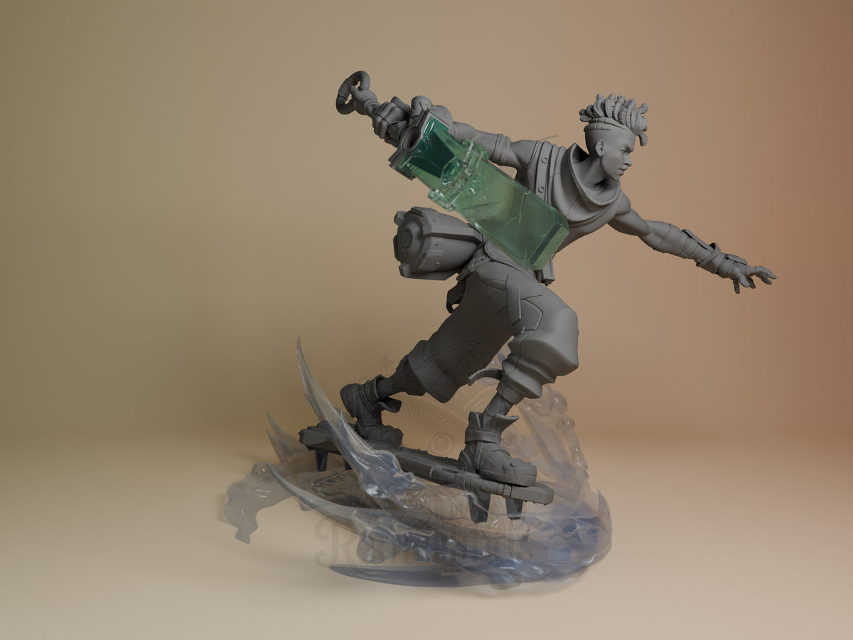 Ekko from League of Legends is an unpainted resin figure with a board on a sculpted base.