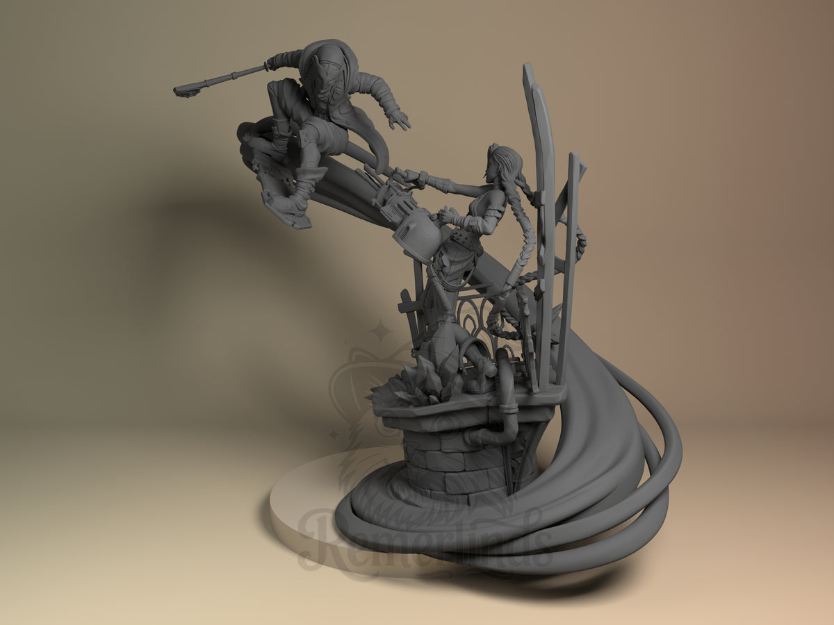 Ekko vs Jinx from Arcane appear in an unpainted resin diorama, viewed from an angled side pose.