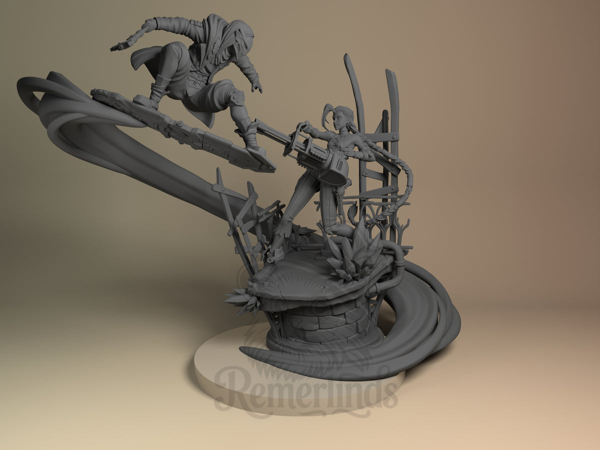 Front view shows unpainted Ekko vs Jinx from Arcane in a resin diorama on a sculpted base.