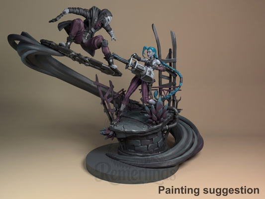 Front-angle painted Ekko vs Jinx from Arcane resin diorama shows airborne Ekko and Jinx on a sculpted base.