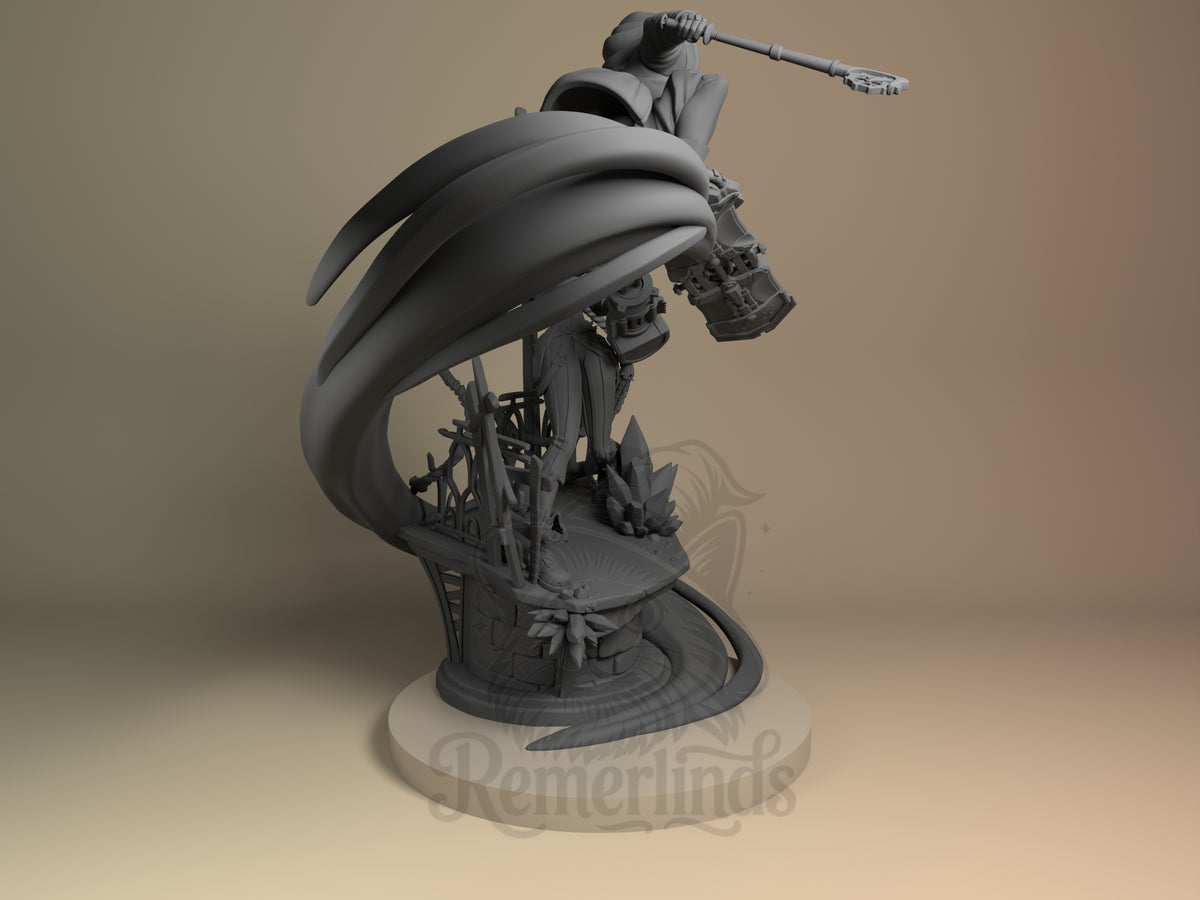 Right-side view shows unpainted Ekko vs Jinx from Arcane, two figures arranged vertically on a sculpted resin diorama base.