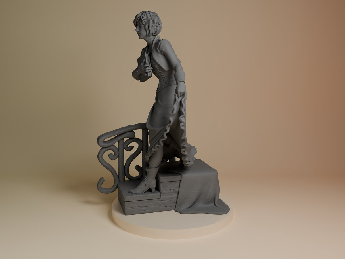 Elizabeth from Bioshock resin figure, unpainted in side view, holds a book on a sculpted base.