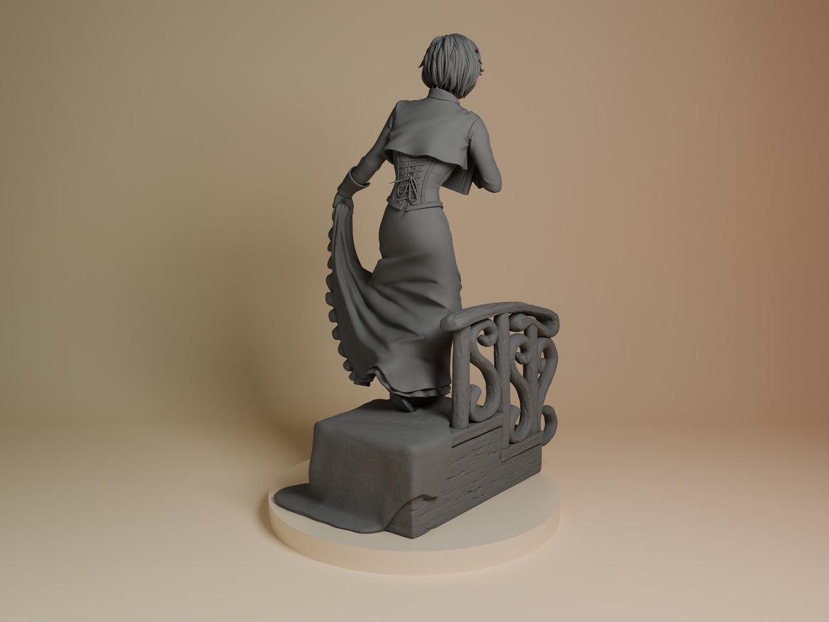 Unpainted back three-quarter view of Elizabeth from Bioshock, a resin figure on a sculpted base.