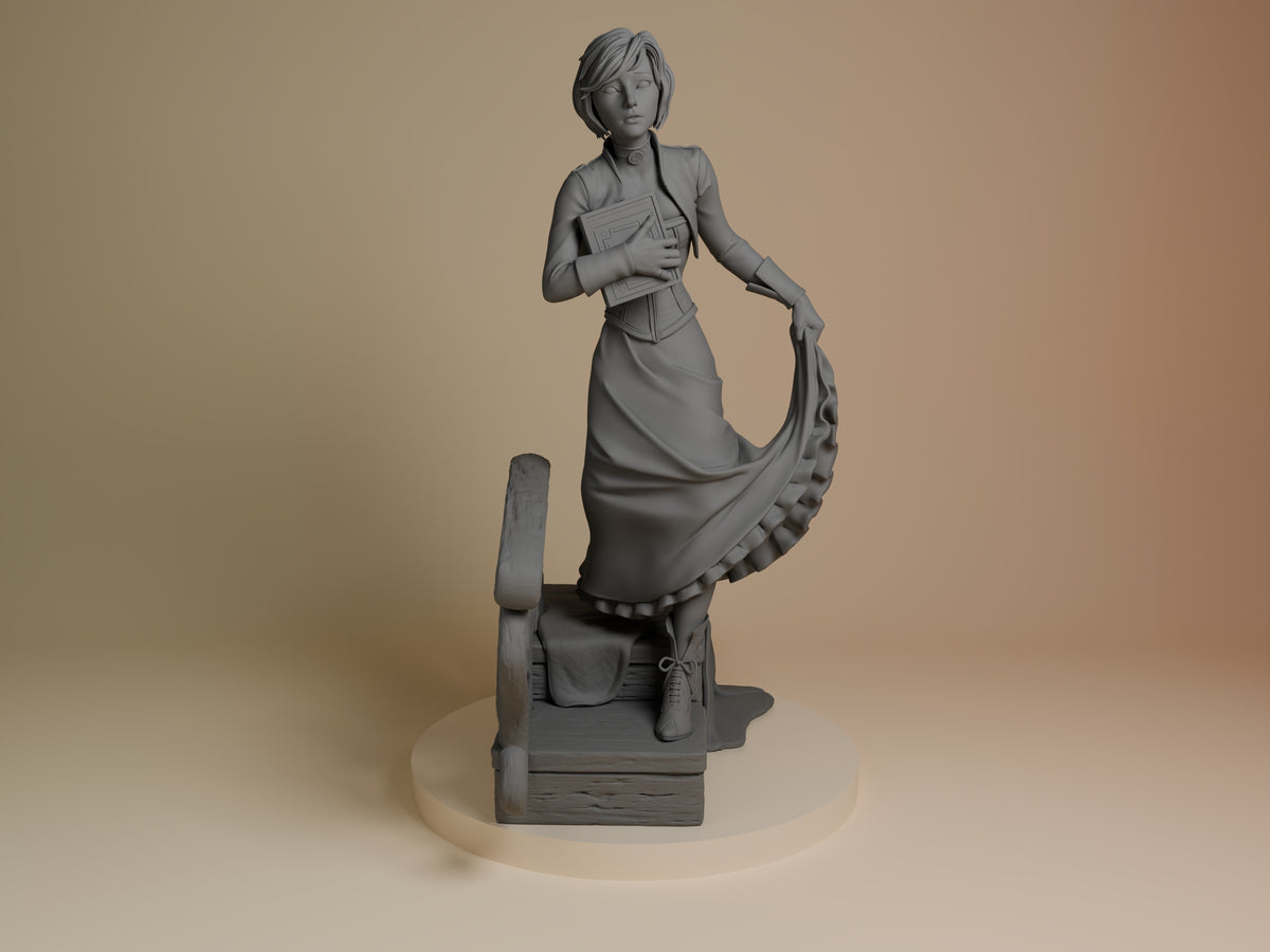 Front-view Elizabeth from Bioshock is an unpainted resin figure holding a book on a dock base.