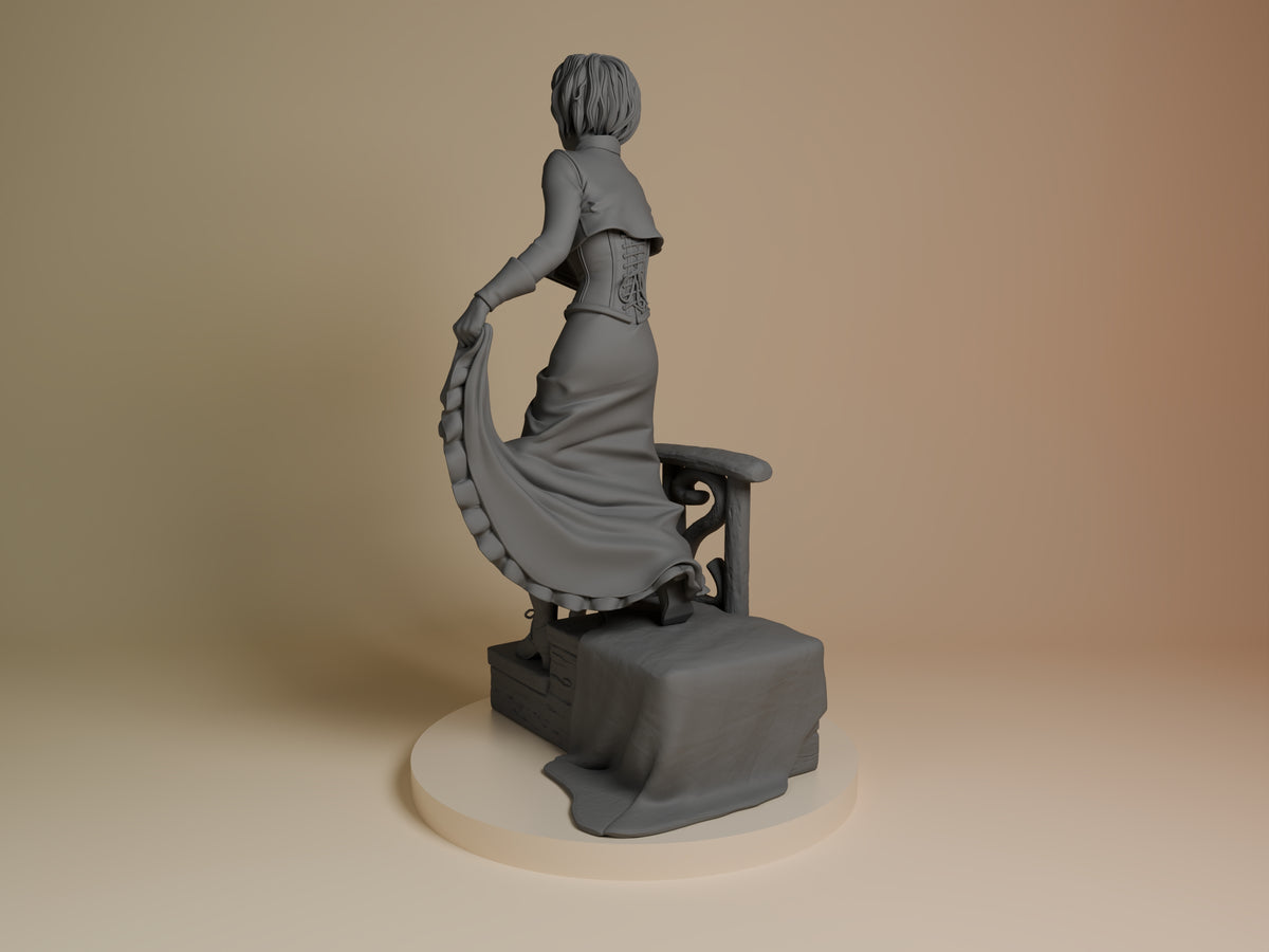 Elizabeth from Bioshock appears in a rear three-quarter view as an unpainted resin figure on a sculpted base.