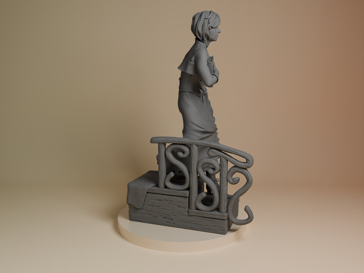 Elizabeth from Bioshock appears in right profile as an unpainted resin figure holding books on an ornate base.