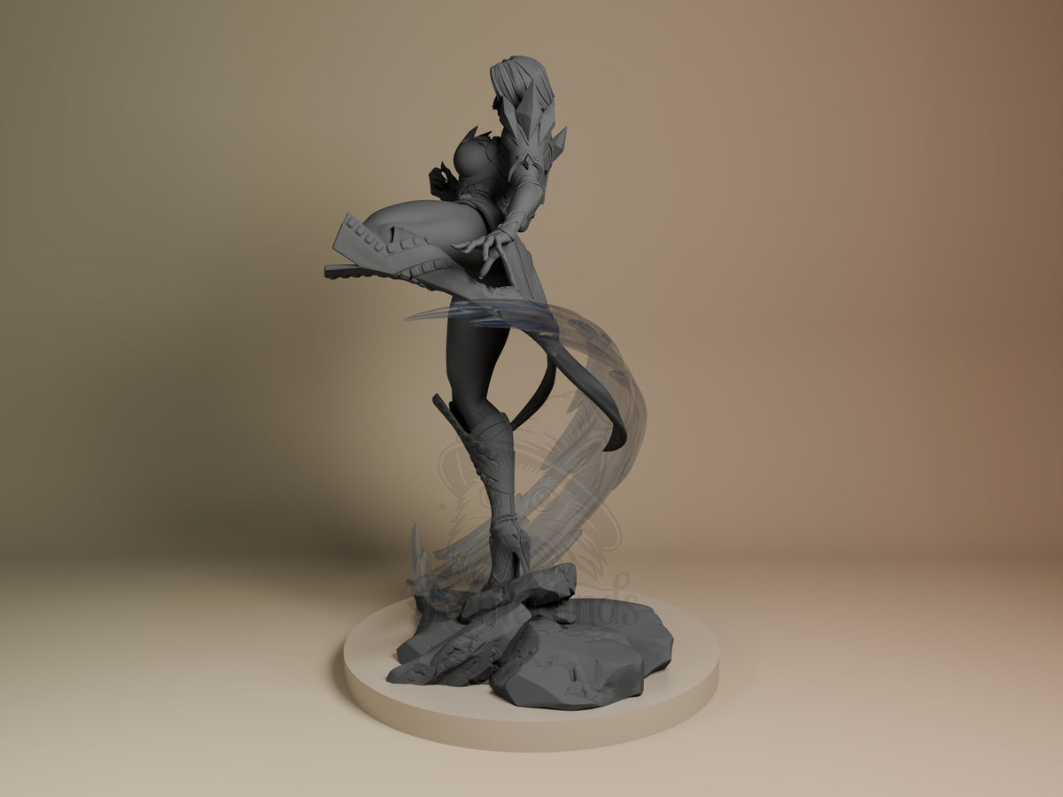 Arctic Telepath resin figure from Super Rivals in unpainted gray, shown at angle with dynamic pose on rocky base.