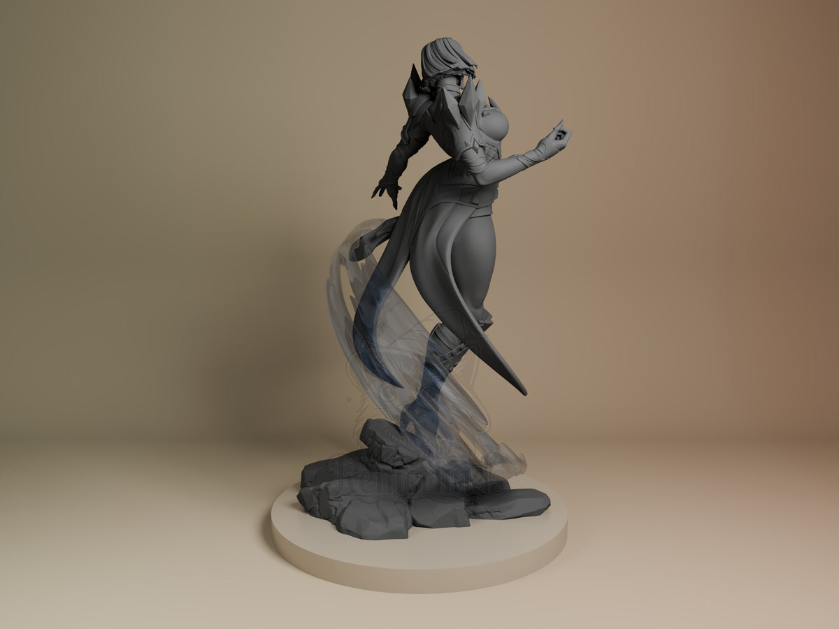 Arctic Telepath resin figure from Super Rivals shown from back angle, unpainted gray with flowing cape detail, dynamic posed on rocky base.