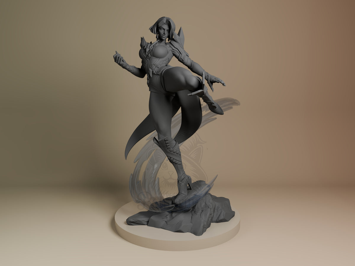 Arctic Telepath resin figure in dynamic pose on rocky base, unpainted gray resin, front view showing detailed armor and wing-like elements.