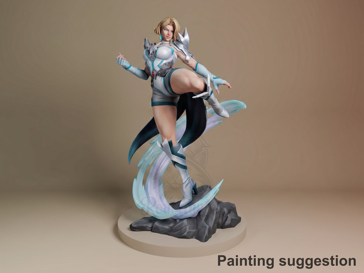 Arctic Telepath resin figure in dynamic pose on rocky base, featuring blue and white armor, blonde hair, and flowing ethereal cape details, fully painted.